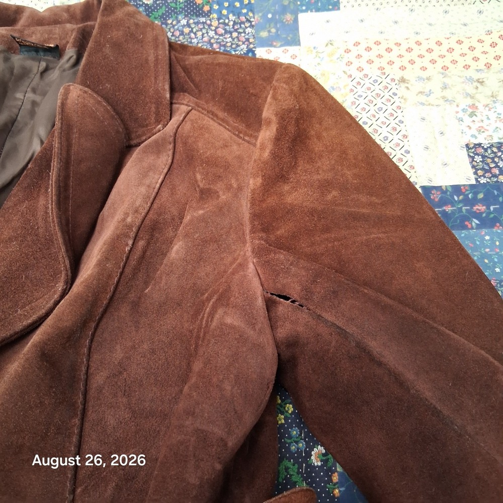 * Vintage 70s Brown Suede Leather Belted Jacket Coat Womens Small Boho Argentina - Picture 6 of 10